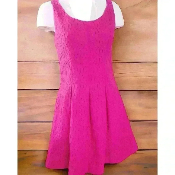 Magenta Barbie Pink Lace Pleated Eyelet Sleeveless V-Neck Dress Lord & Taylor 4 - Picture 1 of 9